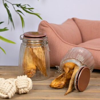 Zwei Glasbehälter gefüllt mit Hundeleckerlis, einer aufrecht und einer umgekippt, neben einem weichen rosa Haustierbett und einem Seilspielzeug.