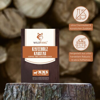 Wildfang Coffee Tree Kauknochen Verpackung mit Wolf-Logo, das hervorhebt, dass es chemiefrei und aus unbehandeltem Robusta/Arabica-Holz hergestellt ist.