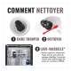Graphique 'COMMENT NETTOYER' montrant les étapes de nettoyage pour jouet KONG noir : 1 FAIRE TREMPER 2 NETTOYER 3 LAVE‑VAISSELLE.