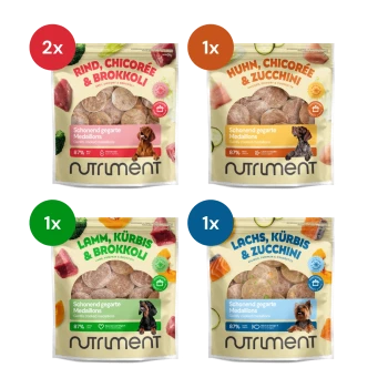 Vier Nutriment Hundefutter-Packungen mit den Geschmacksrichtungen: Rind, Chicorée & Brokkoli (2x), Huhn, Chicorée & Zucchini, Lamm, Kürbis & Brokkoli, Lachs, Kürbis & Zucchini.