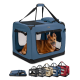 Tragbare Haustierbox in Blau mit Netzfenstern und weichem Innenraum, zusammen mit anderen Farboptionen: Grau, Rot und Beige.