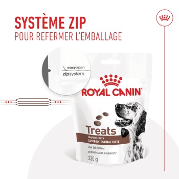 Emballage de friandises pour chiens Royal Canin avec un système de zip, avec un texte mettant en avant la faible teneur en matières grasses, les prébiotiques et la vitamine B12.