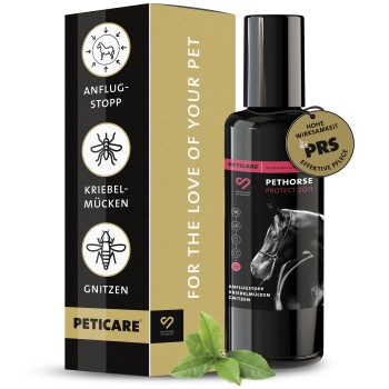 Schwarze Sprühflasche mit der Aufschrift "PETHORSE PROTECT 2011" mit einem Pferdebild, goldener Marke "Hohe Wirksamkeit PRS" und grünen Blättern.