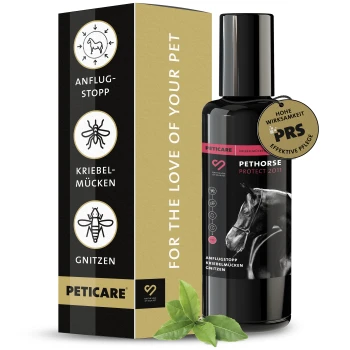 Schwarze Sprühflasche mit der Aufschrift "PETHORSE PROTECT 2011" mit einem Pferdebild, goldener Marke "Hohe Wirksamkeit PRS" und grünen Blättern.