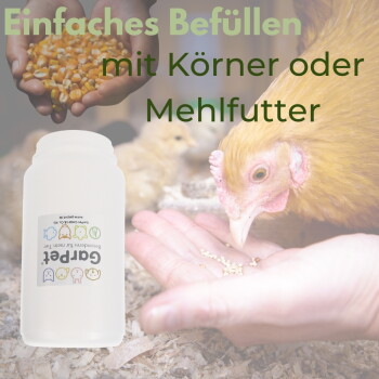 Henne pickt Körner aus der Hand einer Person, Plastik-Futterdose und Hände halten Mais; überlagerter deutscher Text ‚Einfaches Befüllen‘