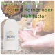 Henne pickt Körner aus der Hand einer Person, Plastik-Futterdose und Hände halten Mais; überlagerter deutscher Text ‚Einfaches Befüllen‘