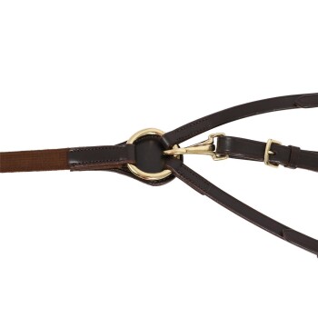 Ein schwarzes Leder-Haustiergeschirr mit goldenen Metallringen und verstellbaren Riemen, flach auf einem weißen Hintergrund ausgelegt.