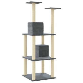 Katzenbaum mit mehreren Ebenen, mit zwei hohen Plattformen, zwei grauen würfelförmigen Ruheplätzen und beigen Kratzsäulen.
