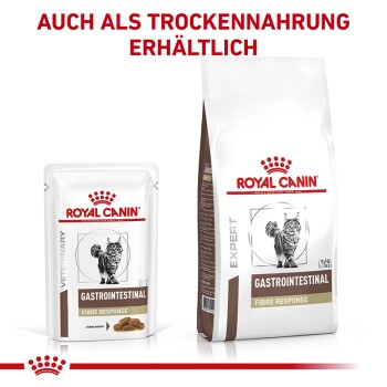 Royal Canin Gastrointestinal Fibre Response Katzenfutter, bestehend aus einem feuchten Beutel und einer trockenen Tüte, mit dem Text "Auch als Trockenfutter erhältlich."