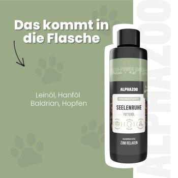 ALPHAZOO Care Seelenruhe Haustierölflasche zur Entspannung, mit umweltfreundlicher Verpackung und geeignet für alle Rassen.