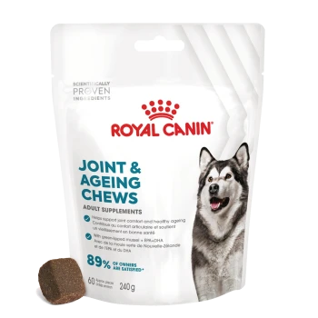 Royal Canin Joint & Ageing Chews pour chiens adultes, sac de 240g, avec un morceau à mâcher foncé et du texte mettant en avant les avantages et le taux de satisfaction.
