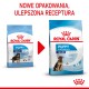 Porównanie opakowań karmy dla szczeniąt Royal Canin, z oznaczeniem "MAXI" dla psów 26-44 kg, z tekstem podkreślającym ulepszoną formułę i nowe opakowanie.