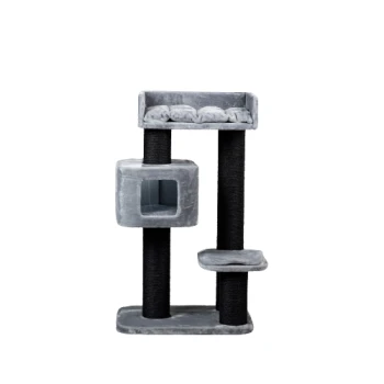 Grauer Katzenbaum mit mehreren Ebenen, einer gemütlichen oberen Plattform, einem würfelförmigen Versteck und Kratzpfosten, entworfen für Katzen zum Spielen und Ausruhen.