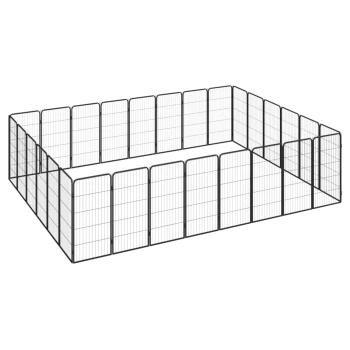 Schwarzer Metall-Haustierspielplatz mit mehreren Paneelen, die in rechteckiger Form angeordnet sind, mit einer Tür für einfachen Zugang.
