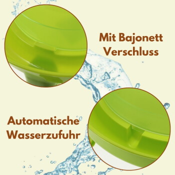 Grüner Deckel für Wasserspender mit Bajonettverschluss. Sichtbarer Text: Mit Bajonett Verschluss; Automatische Wasserzufuhr