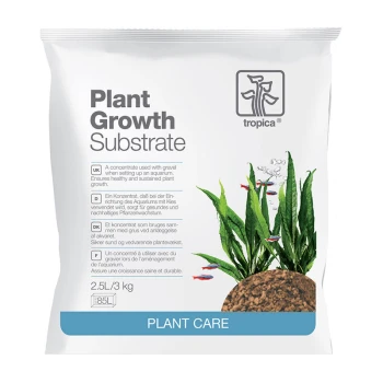 Weißer "Pflanzenwachstums-Substrat"-Beutel von Tropica, der Wasserpflanzen und Kies enthält, mit mehrsprachigen Anweisungen, 2,5L/3kg.