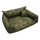 Haustierbett im Camouflage-Muster mit erhöhten Seiten und einem passenden kleinen Kissen, entworfen für Komfort und Stil.