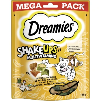 Opakowanie przysmaków dla zwierząt Dreamies ShakeUps Multivitamins z zabawnym kotem, z różnorodnymi kształtami i smakami przysmaków, 165g.