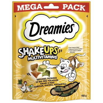 Opakowanie przysmaków dla zwierząt Dreamies ShakeUps Multivitamins z zabawnym kotem, z różnorodnymi kształtami i smakami przysmaków, 165g.