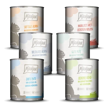Sechs Dosen Mjamjam-Hundefutter in den Geschmacksrichtungen: Saftiges Huhn, Delikates Huhn, Gute Pute, Zarte Ente, Leckeres Rind und Herzen.