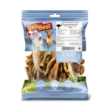 DeliBest Hundeleckerlipackung mit kleinen Straußensehnen, 200g. Wichtige Details: 82,9% Protein, glutenfrei, fettarm, Schweizer Qualität.