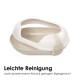 Leicht beige und cremefarbene Katzentoilette mit abnehmbarem Rand für einfache Reinigung. Text: "Einfache Reinigung mit abnehmbarem Rand & geringem Gewicht."