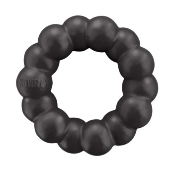 Extreme Ring XL Jouet pour chien en caoutchouc noir en forme circulaire avec une surface texturée et bosselée, présentant le logo KONG.