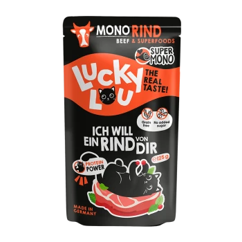 Lucky Lu Katzenleckerlibeutel, MONORIND Rind, schwarz-orange mit Katzen-auf-Steak-Grafik, 'Ich will ein Rind von dir', 125 g.
