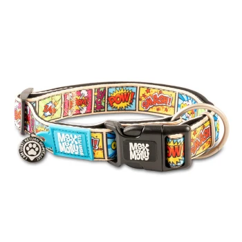 Buntes Hundehalsband im Comic-Stil mit Worten wie "POW!" und "SMASH!", schwarzer Schnalle und Max & Molly Urban Pets Logo.