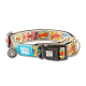 Buntes Hundehalsband im Comic-Stil mit Worten wie "POW!" und "SMASH!", schwarzer Schnalle und Max & Molly Urban Pets Logo.