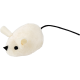 Jouet souris en peluche blanche avec nez, yeux noirs et longue queue noire sur fond blanc.