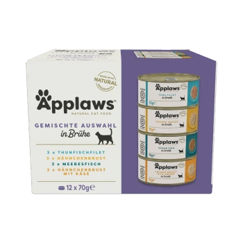 Applaws natürliche Katzenfutterpackung mit 12 Dosen (je 70 g) mit Geschmacksrichtungen: Thunfischfilet, Hähnchenbrust, Meeresfisch und Hähnchen mit Käse.