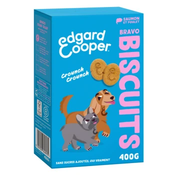 Emballage de biscuits pour chiens Edgard Cooper présentant un dessin animé de teckel et de bulldog français, avec le texte "Crunch Crunch" et "Bravo BISCUITS 400G".