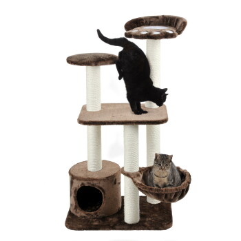 Brauner mehrstufiger Kratzbaum mit Sisalpfosten, schwarze Katze springt von der mittleren Plattform und getigerte Katze in der Hängematte.