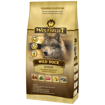 Tüte "WOLFSBLUT WILD DUCK SENIOR" Hundefutter, mit einem Wolf-Logo, mit Ente, Kartoffel, getreidefrei, für ältere Hunde.