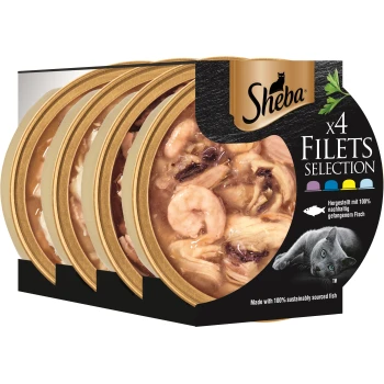 Filets Selection 4x60g Sheba x4 Filets Katzenfutterverpackung mit vier Dosen Fischfilets in Soße, mit einer schwarzen Katze und dem Text '100% nachhaltig gefangener Fisch.'