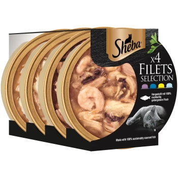 Sheba x4 Filets Katzenfutterverpackung mit vier Dosen Fischfilets in Soße, mit einer schwarzen Katze und dem Text '100% nachhaltig gefangener Fisch.'