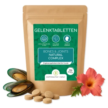 Flasche mit 'Gelenk Tabs' Nahrungsergänzungsmittel für Hunde, mit einer Abbildung eines Deutschen Schäferhundes, mit drei Tabletten davor.