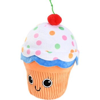 Plüsch-Spielzeug in Form eines Cupcakes mit einem lächelnden Gesicht, weißem Zuckerguss mit bunten Punkten, blauer Umrandung und einer roten Kirsche obenauf.