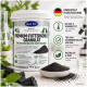 Behälter mit der Aufschrift „Premium‑Futterkohle Granulat“, Haufen schwarzer Granulate und gelbe Schale mit Nassfutter; Banner „natürliche“ und „Darm‑Balance“.