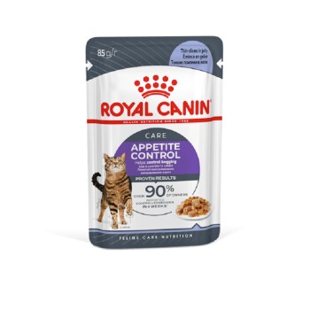 Royal Canin Care Appetite Control cat food pouch with tabby cat graphic, promoting controlled begging with proven results in 4 weeks.
