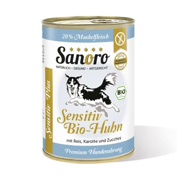Sanoro Sensitiv Bio-Huhn Hundefutterdose, mit einer schwarz-weißen Hundillustration, mit Text, der angibt, dass es mit Reis, Karotten und Zucchini hergestellt wird.
