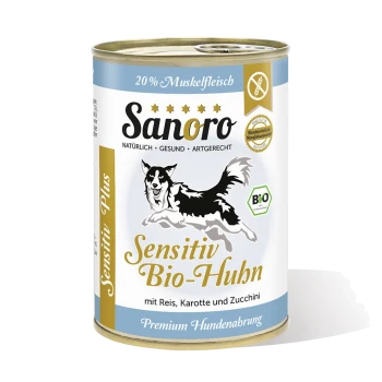 Sanoro Sensitiv Bio-Huhn Hundefutterdose, mit einer schwarz-weißen Hundillustration, mit Text, der angibt, dass es mit Reis, Karotten und Zucchini hergestellt wird.