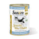 Sanoro Sensitiv Bio-Huhn Hundefutterdose, mit einer schwarz-weißen Hundillustration, mit Text, der angibt, dass es mit Reis, Karotten und Zucchini hergestellt wird.