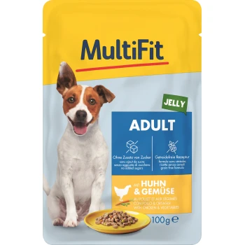Pochette de nourriture pour chiens MultiFit étiquetée "ADULT" et "JELLY," sans céréales et sans sucres ajoutés, contenant du poulet et des légumes.