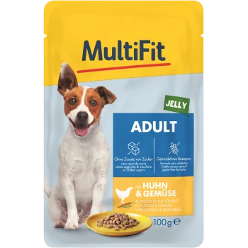 Pochette de nourriture pour chiens MultiFit étiquetée "ADULT" et "JELLY," sans céréales et sans sucres ajoutés, contenant du poulet et des légumes.