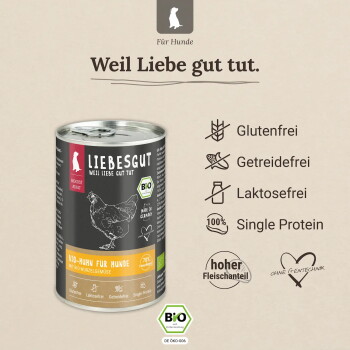 Dose Liebesgut Bio-Huhn Hundefutter mit Aufschrift "Weil Liebe gut tut." zeigt Symbole für glutenfrei und laktosefrei sowie das BIO-Siegel.