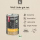 Dose Liebesgut Bio-Huhn Hundefutter mit Aufschrift "Weil Liebe gut tut." zeigt Symbole für glutenfrei und laktosefrei sowie das BIO-Siegel.