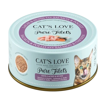 Cat's Love Pure Filets Katzenfutterdose mit Lachs und Hähnchen, mit einer verspielten Katze, die sich die Lippen leckt. Text enthält "100% Lebensmittelqualität für Menschen".