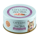 Cat's Love Pure Filets Katzenfutterdose mit Lachs und Hähnchen, mit einer verspielten Katze, die sich die Lippen leckt. Text enthält "100% Lebensmittelqualität für Menschen".